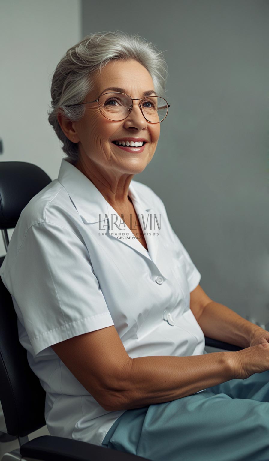 Mulher idosa de óculos sorrindo sentada em cadeira odontológica