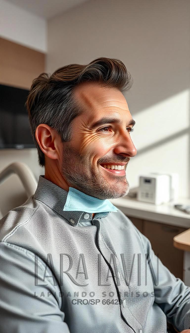 Homem de cabelos grisalhos sorrindo em cadeira odontológica