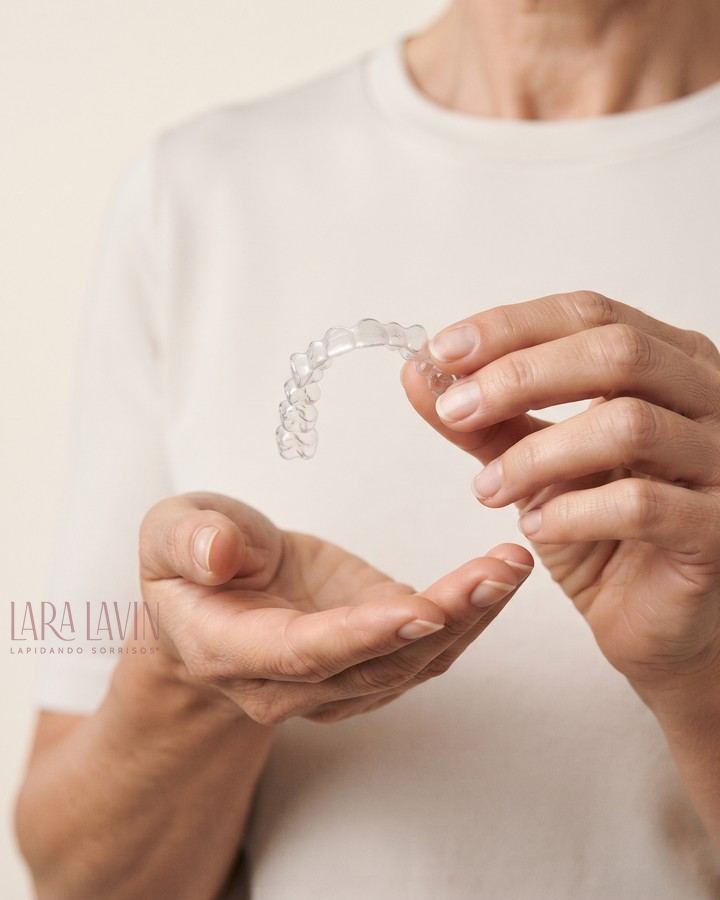 Alinhador dental transparente segurado na mão, sem bráquetes nem fios metálicos