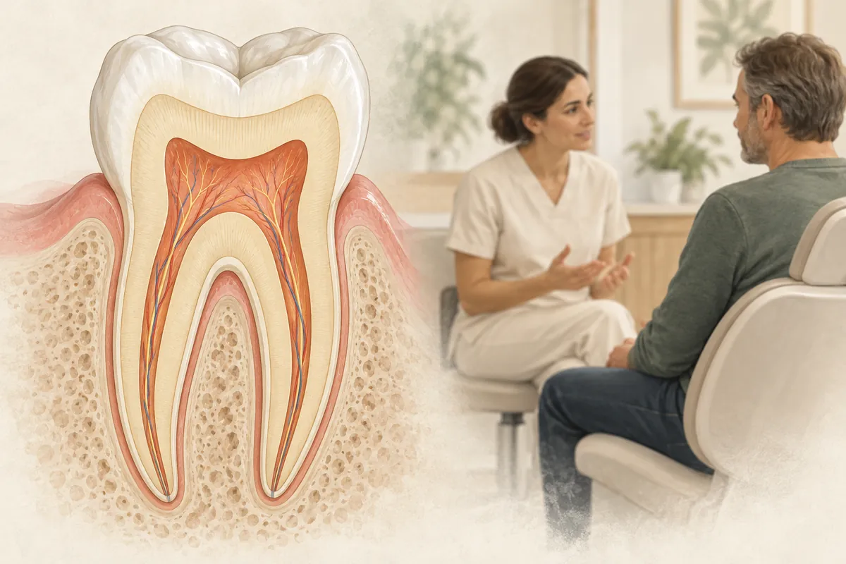 Ilustração educativa de um dente em corte e de uma conversa de planejamento odontológico.