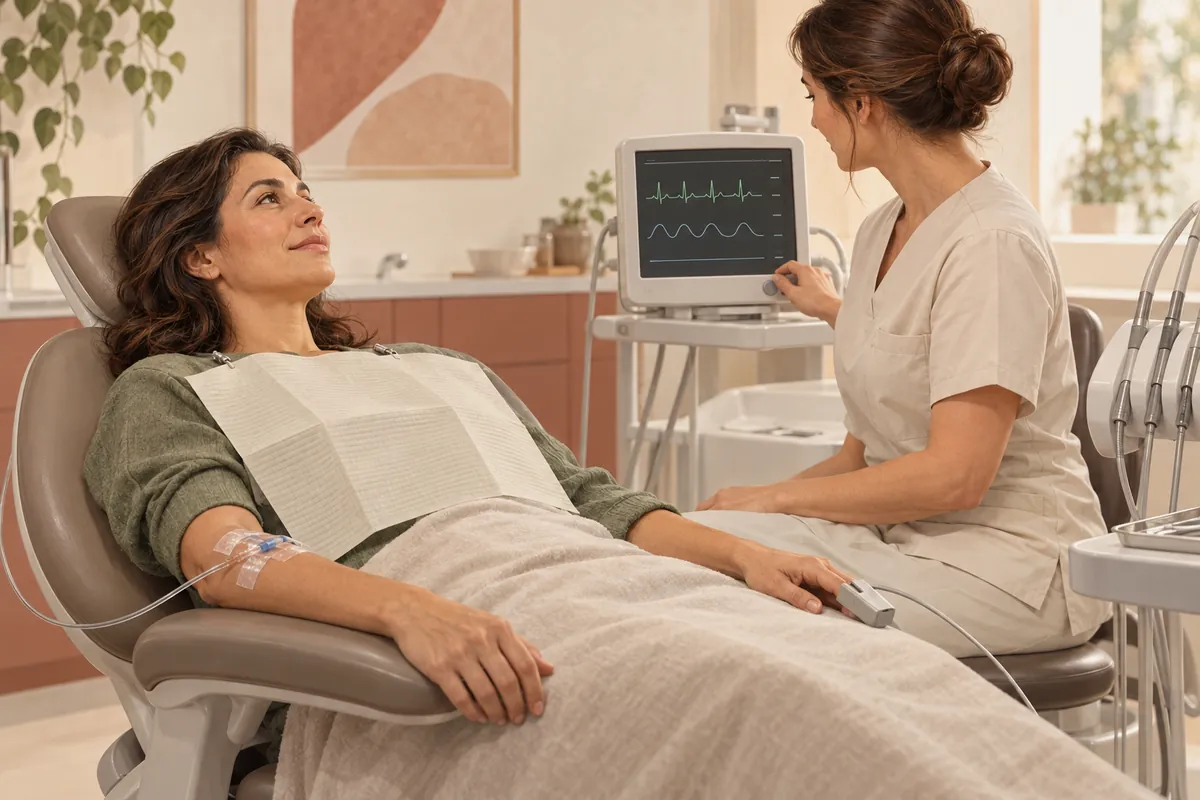 Ilustração de adulto em atendimento odontológico acompanhado por profissional, com acesso venoso e monitor.