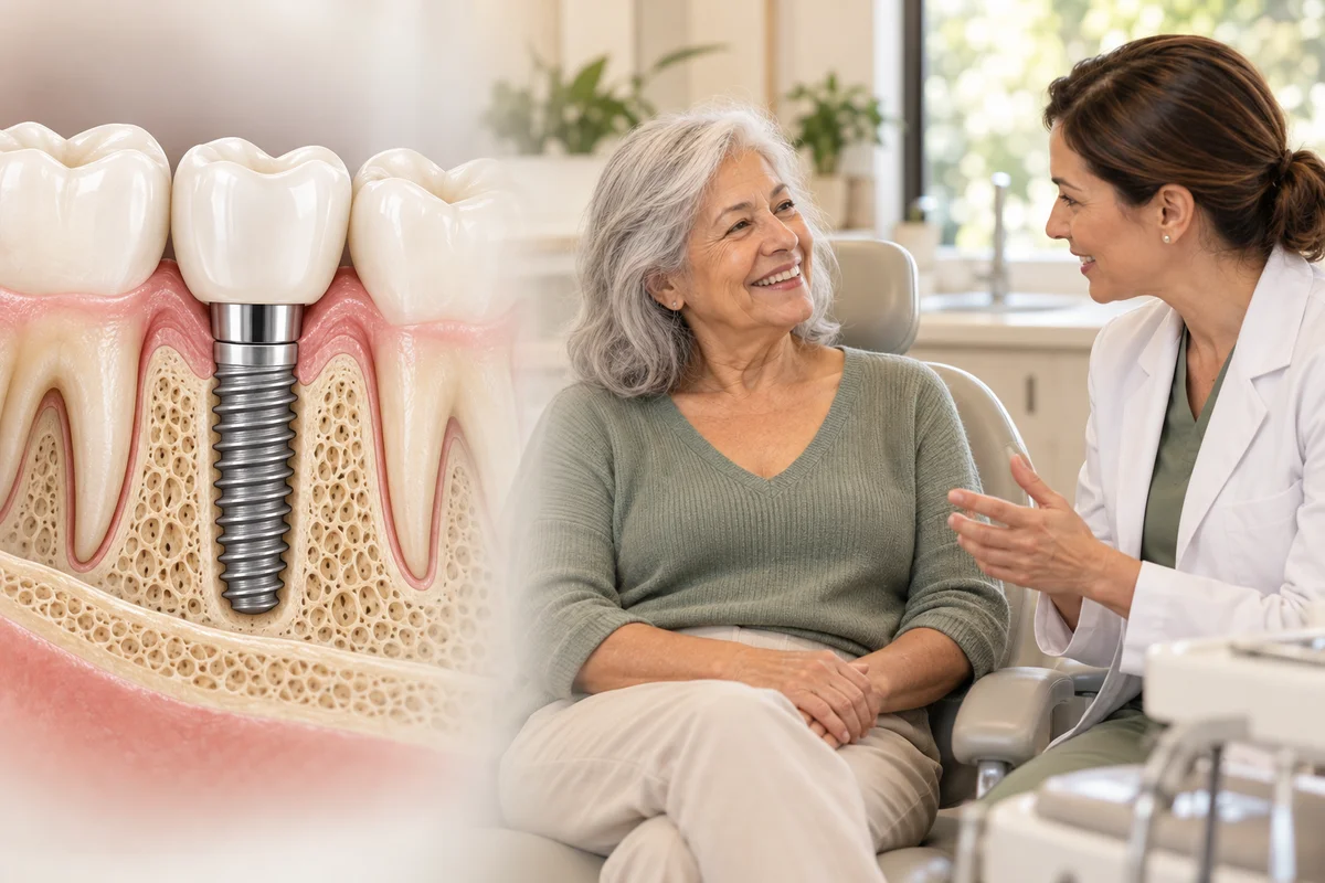 Ilustração de implante dentário em corte ao lado de uma paciente idosa conversando com uma dentista.