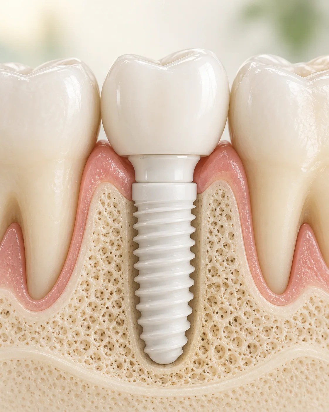 Ilustração anatômica de implante dentário cerâmico de zircônia com coroa.
