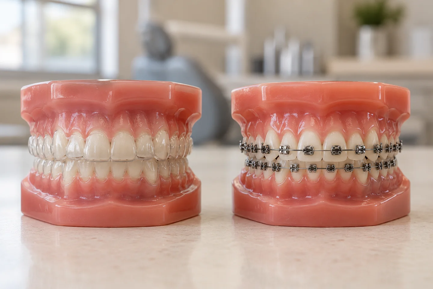 Modelos odontológicos com alinhador transparente e aparelho fixo, lado a lado.